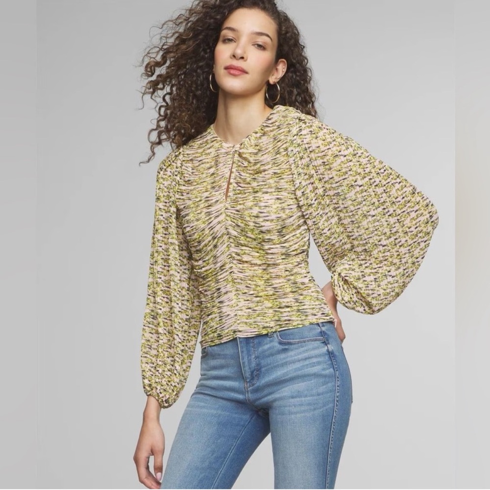 White House Black Market Long Sleeve Pleated Blouse Pink Yellow Floral 8 NWT